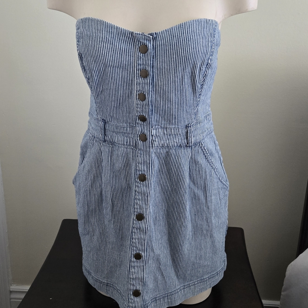Striped Strapless Denim Mini Dress - Picture 1 of 5